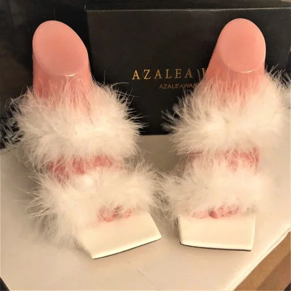 AZALEA WANG White Fluffy Slip-on Open Toe Clear Stiletto Heels NEW in Box Size 9 - Picture 4 of 8